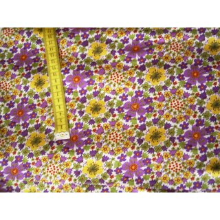 Reststück Jerseystoff 105 x 150cm weiß mit gelb, lila Blumen