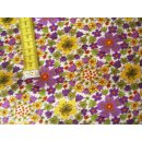 Reststück Jerseystoff 105 x 150cm weiß mit gelb, lila Blumen
