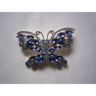 Brosche - Metallbrosche Anstecknadel Schmetterling silberfarben mit Strass-Steine blau