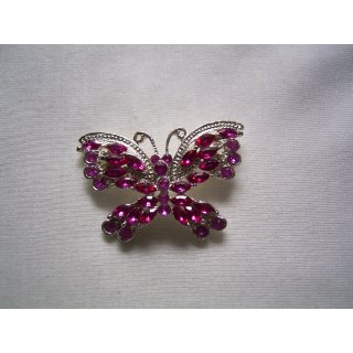 Metallbrosche - Brosche -  Anstecknadel Schmetterling silberfarben mit Strass-Steine pink