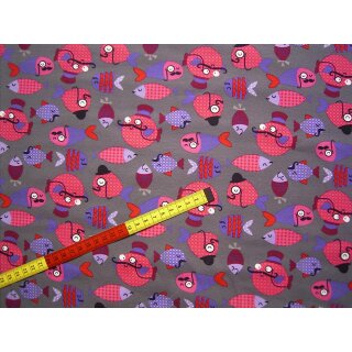 Reststück Baumwolljerseystoff grau mit Fische pink lila 75x140cm