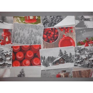 Tischläufer rot grau mit Schnee, Weihnachtsmotiven 40x156cm