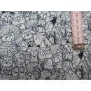 Kurzstück 155x136cm Baumwollstoff Füchse Eulen Waldtiere schwarz weiß Baumwolldruck