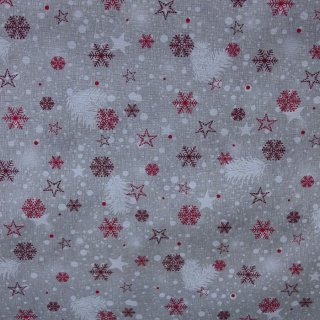 Dekostoff graubeige Schneeflocken Tannenzweige Weihnachten 140cm breit